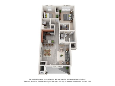 Floor plan for 2 beds, 2 baths, 1150 sqft